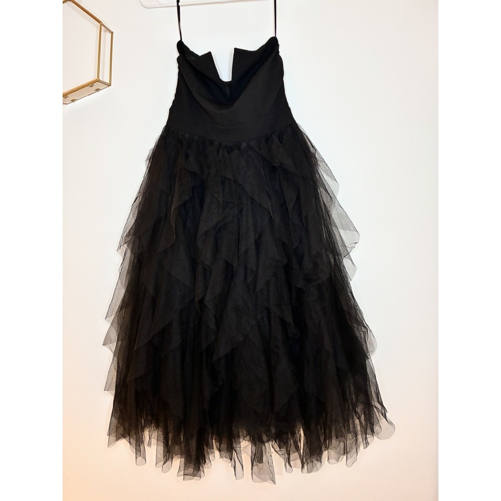 Women's V-Cut Strapless Ruffled Tulle Maxi Dress Size M Black